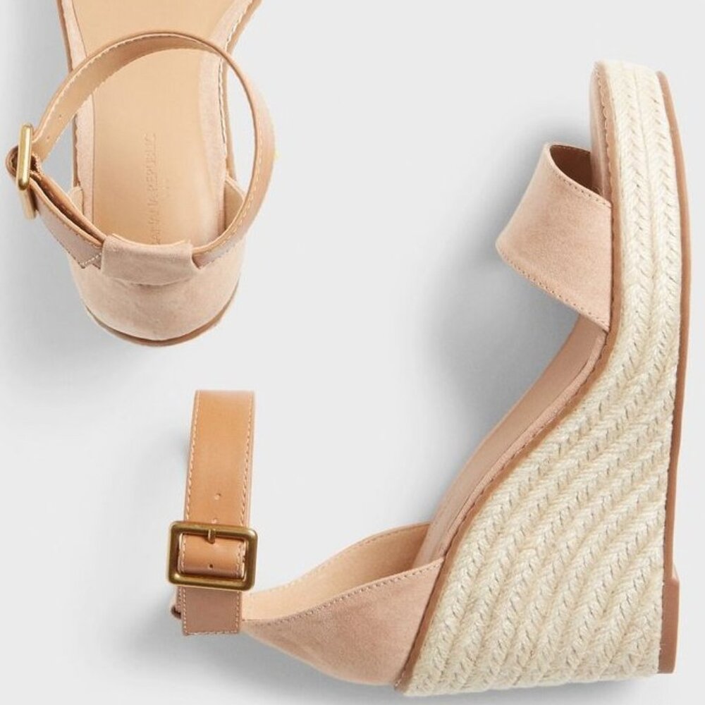 BANANA REPUBLIC Blush Tan Suede Wedge Espadrilles Ankle Strap Women’s Sz 10 EUC